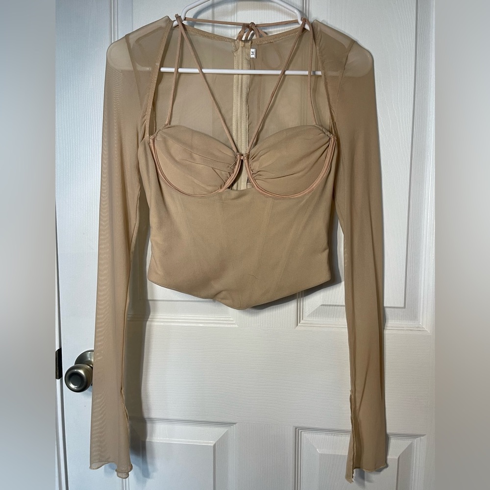 SHEIN tan Corset crop top with bone in structure sheer long sleeve and zipper